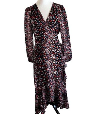 INTERMIX 100% Silk Floral Wrap Maxi Dress Black Long Sleeve Ruffle Hem Size 8